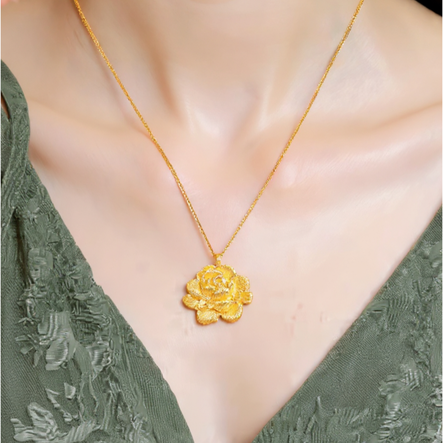 24k Gold Flower Peony Engraved Pendant