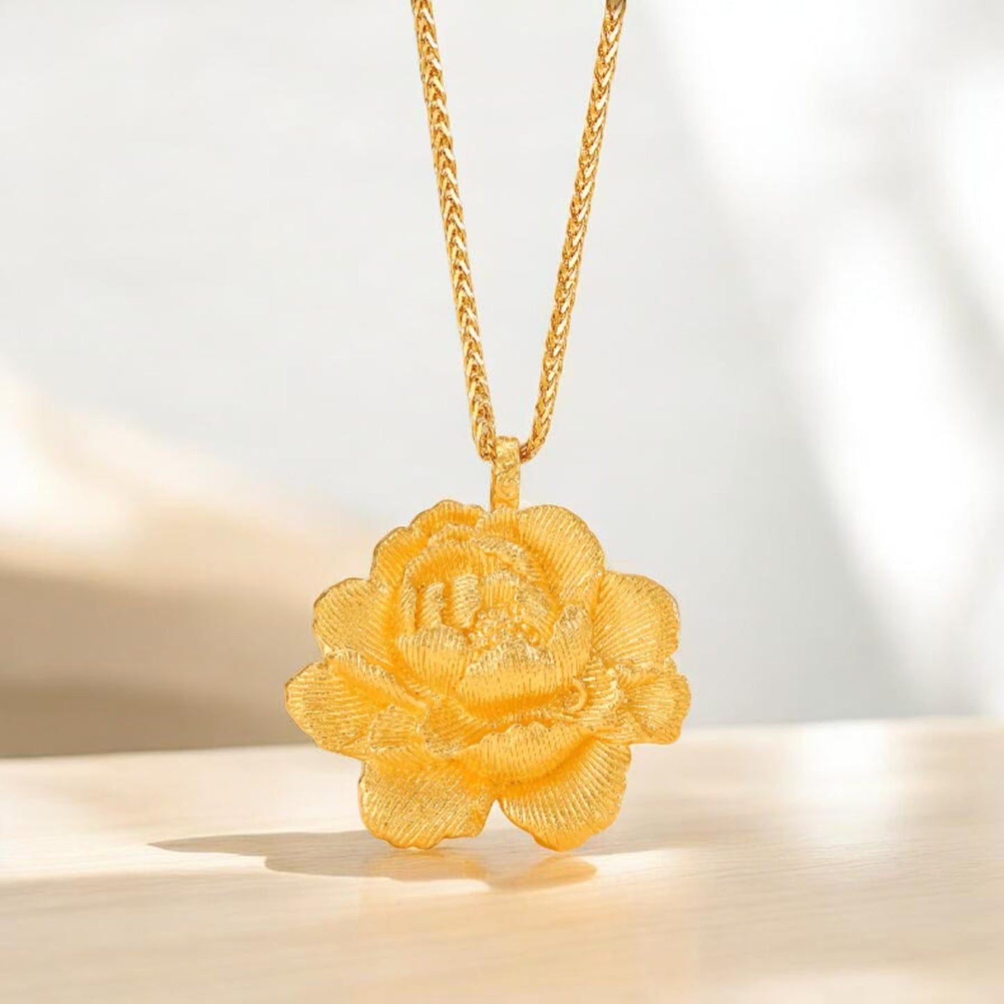 24k Gold Flower Peony Engraved Pendant