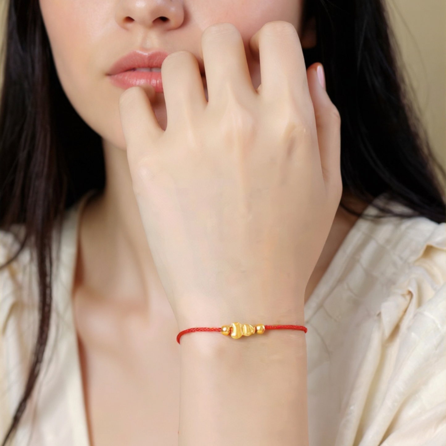 24k Real Gold Lucky Gourd Charm Red Adjustable Rope Bracelet
