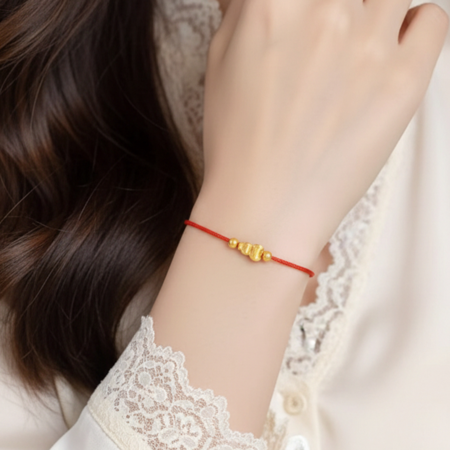 24k Real Gold Lucky Gourd Charm Red Adjustable Rope Bracelet