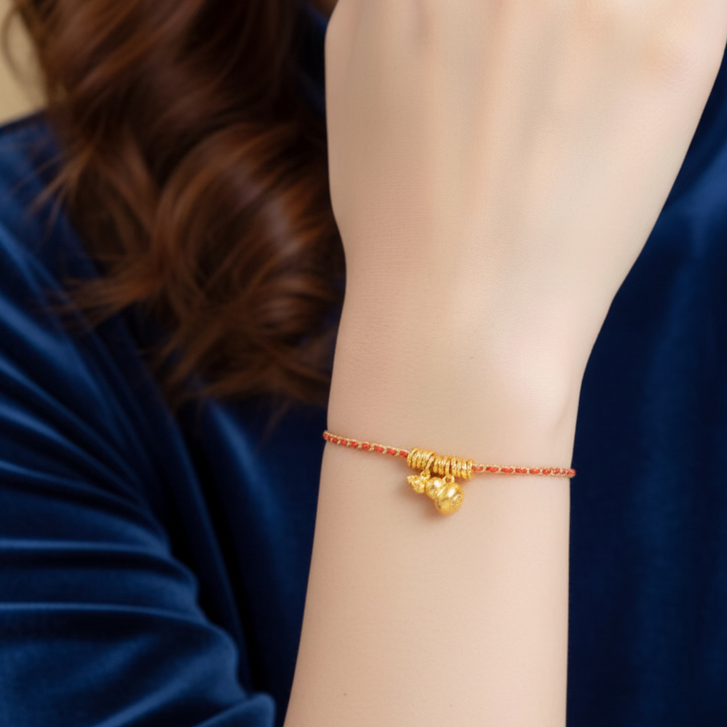 24k Real Gold Lucky Blessing Gourd Charm Red Rope Bracelet