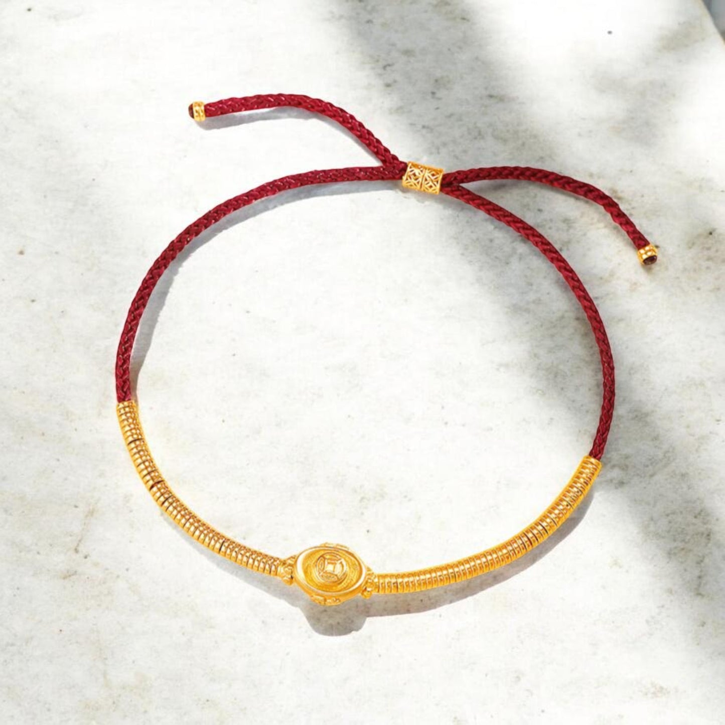 24k Real Gold Lucky Ingot Fish Charm Red Rope Adjustable Bracelet