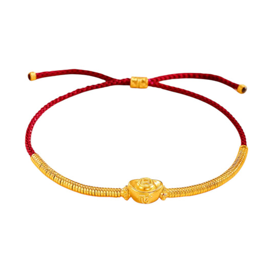 24k Real Gold Lucky Ingot Fish Charm Red Rope Adjustable Bracelet