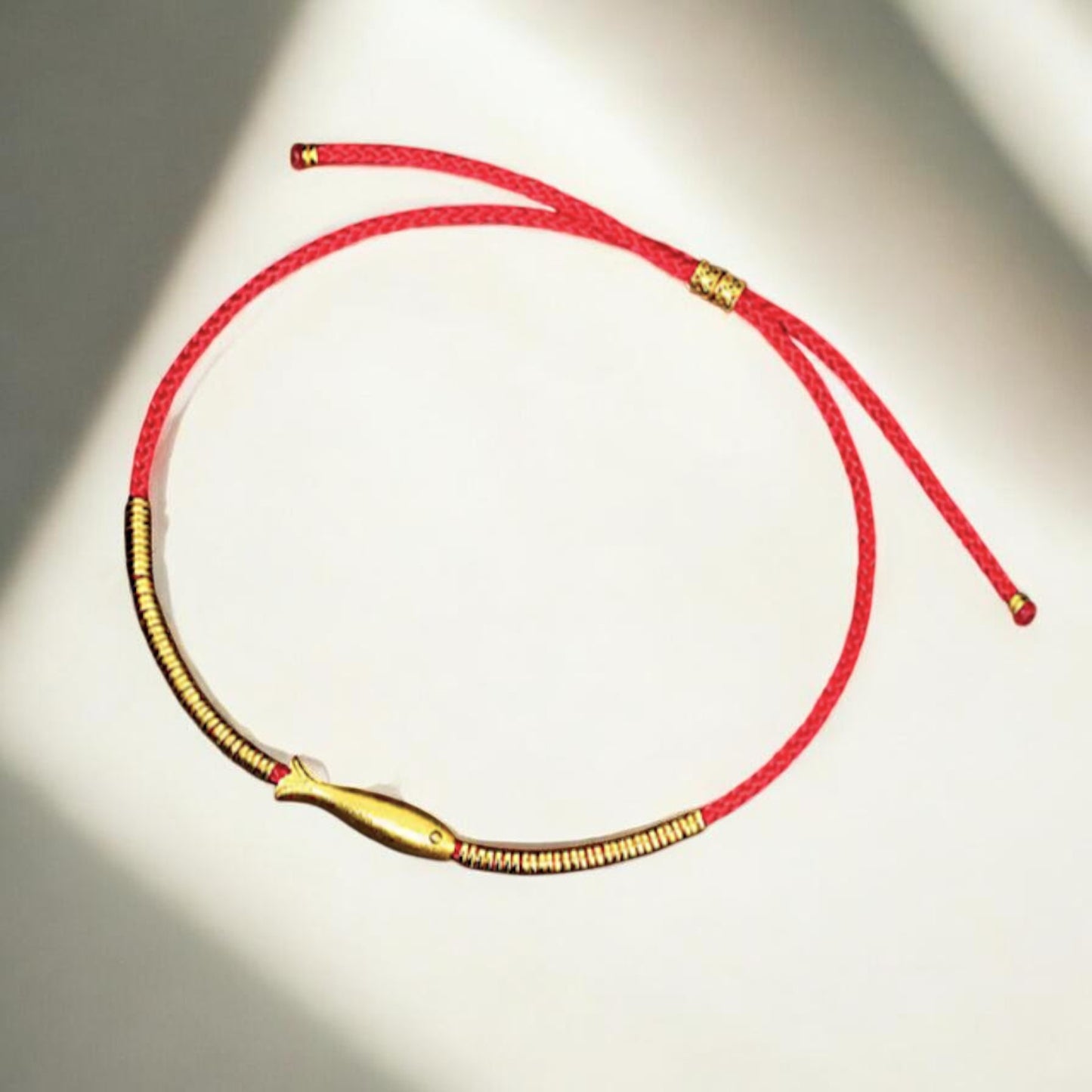 24k Real Gold Lucky Ingot Fish Charm Red Rope Adjustable Bracelet