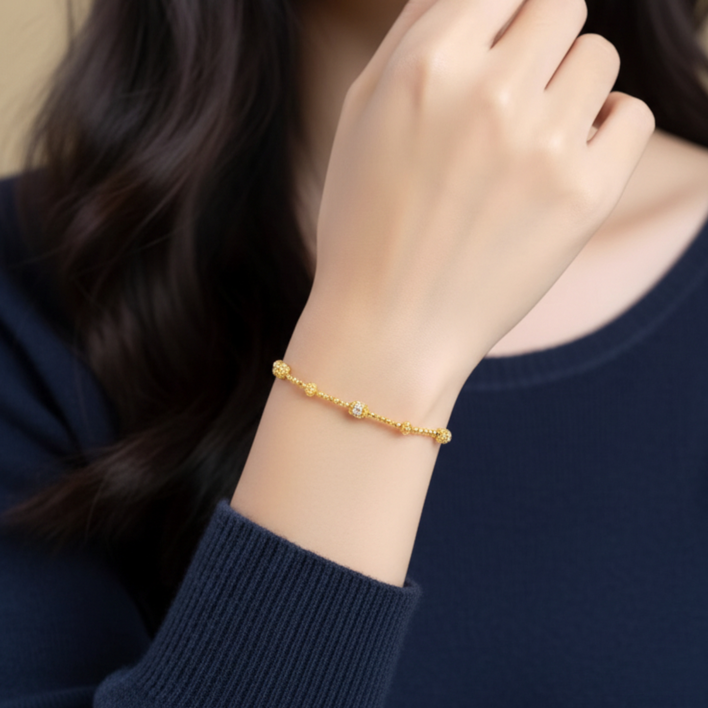 24k Real Gold Disco Beads Enamel Blue Flower Charm Bracelet