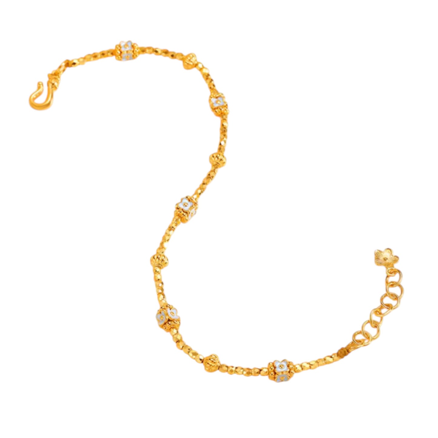 24k Real Gold Disco Beads Enamel Blue Flower Charm Bracelet