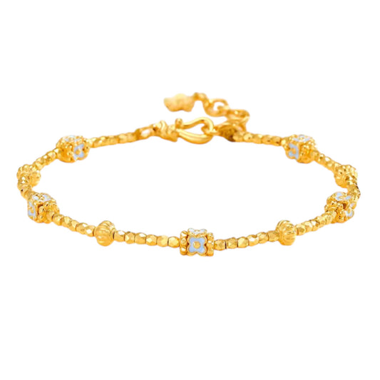 24k Real Gold Disco Beads Enamel Blue Flower Charm Bracelet