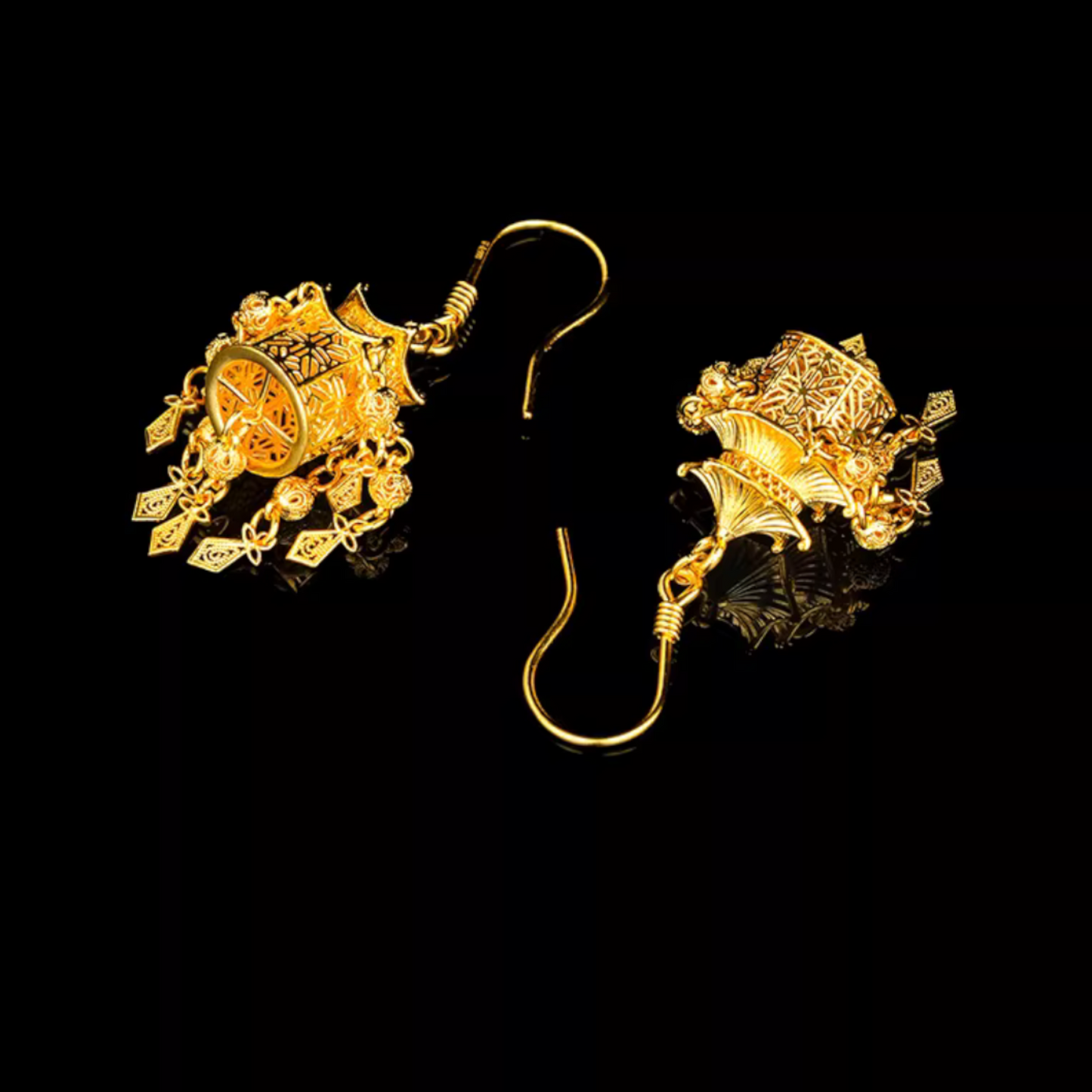 24K 999 Gold Palace Lantern Tassel Hook Earrings