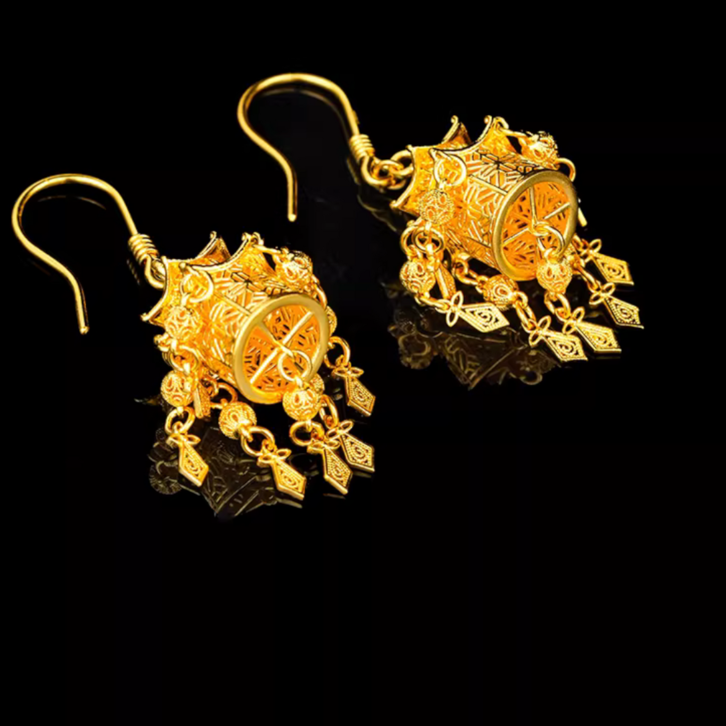 24K 999 Gold Palace Lantern Tassel Hook Earrings