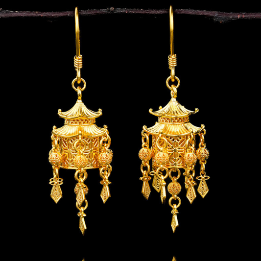 24K 999 Gold Palace Lantern Tassel Hook Earrings