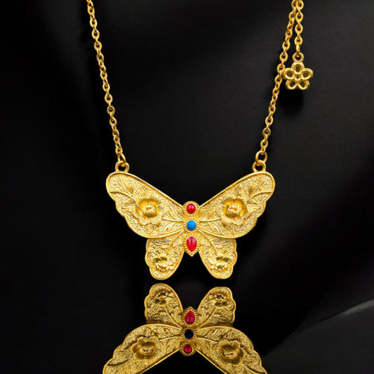 24k Gold Enamel Butterfly Pendant Necklace