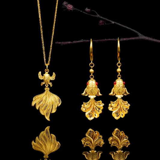 24k Gold Goldfish Fish Pendant and Earrings