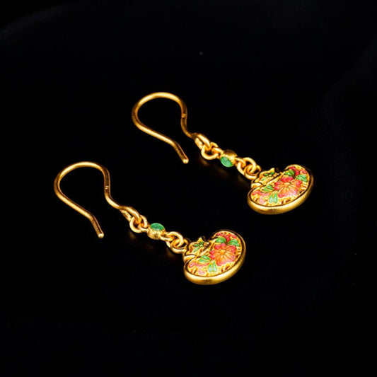24K 999 Gold Enamel Lucky Bag Hook Earrings