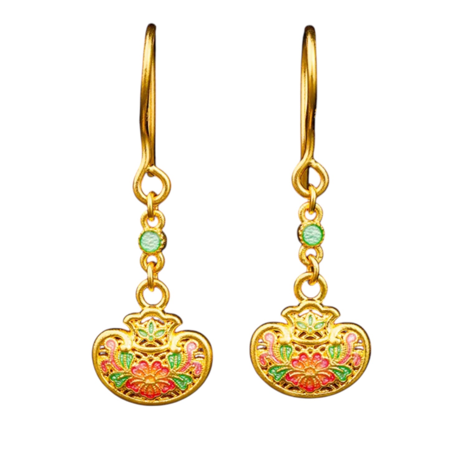 24K 999 Gold Enamel Lucky Bag Hook Earrings