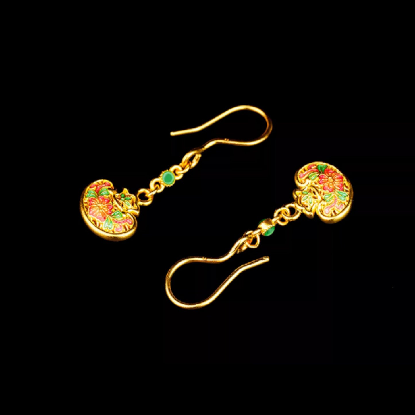 24K 999 Gold Enamel Lucky Bag Hook Earrings