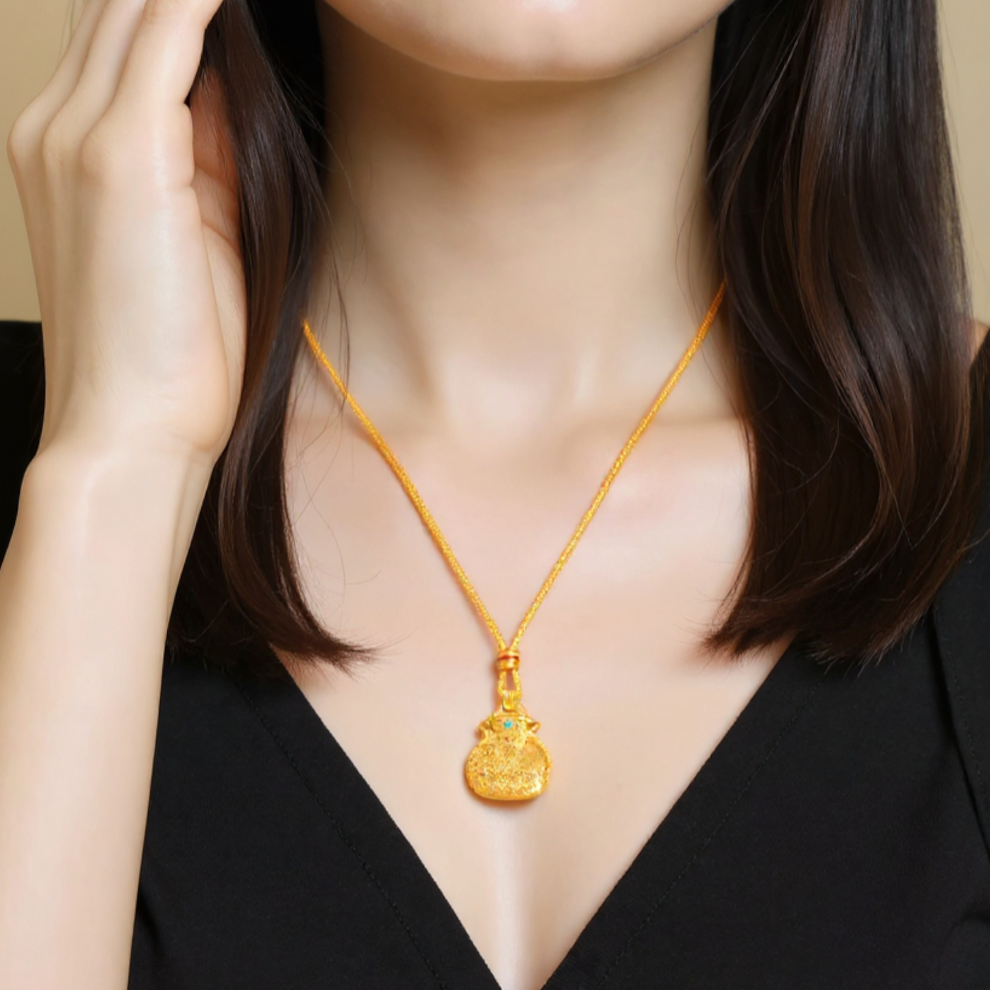 24k Gold Fu Blessing Bag Kirin Pendant with Braided Cord Necklace
