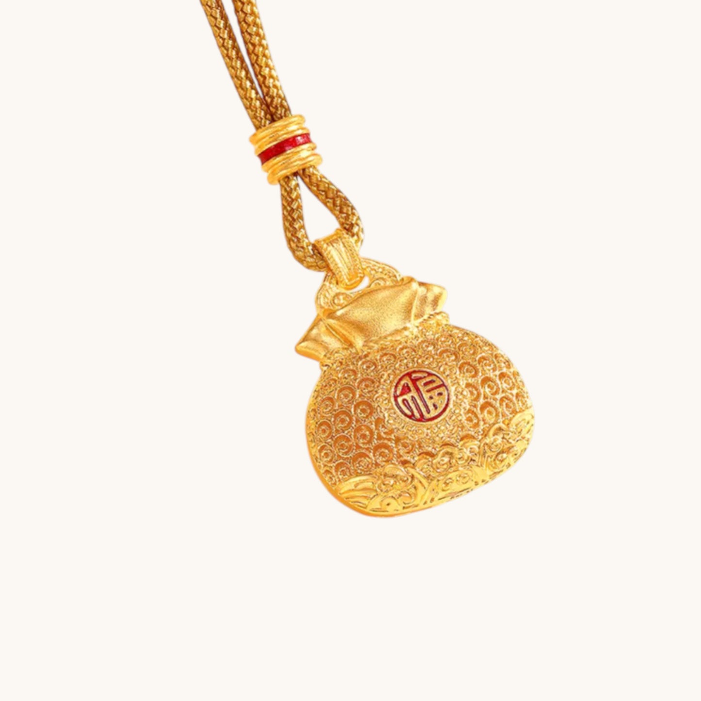 24k Gold Fu Blessing Bag Kirin Pendant with Braided Cord Necklace