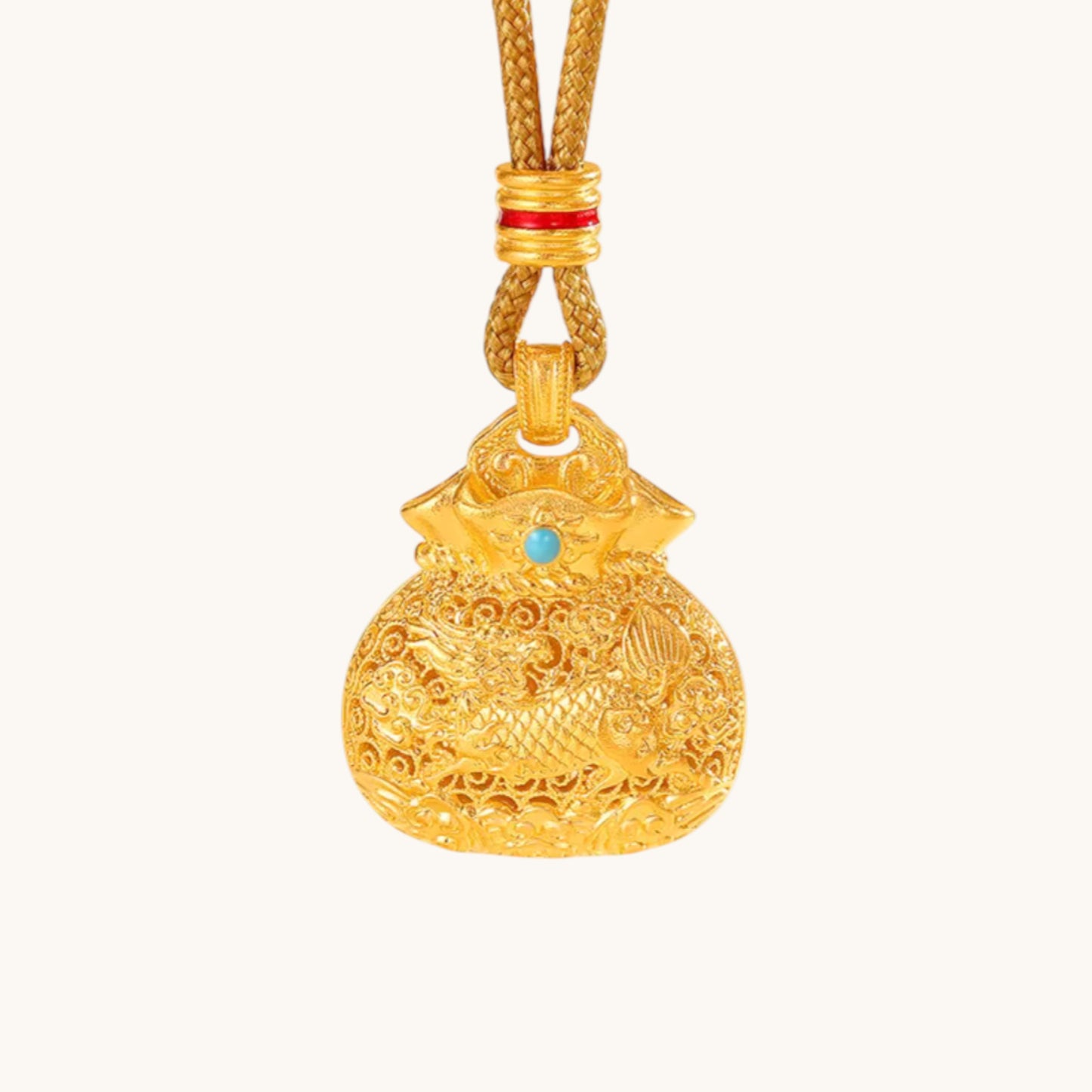 24k Gold Fu Blessing Bag Kirin Pendant with Braided Cord Necklace