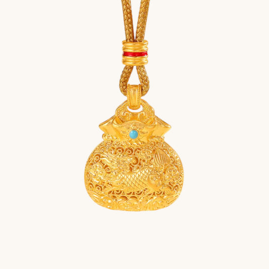 24k Gold Fu Blessing Bag Kirin Pendant with Braided Cord Necklace