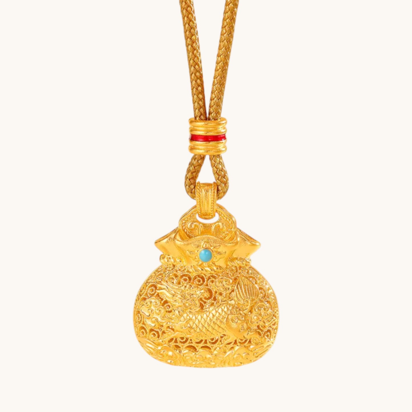 24k Gold Fu Blessing Bag Kirin Pendant with Braided Cord Necklace