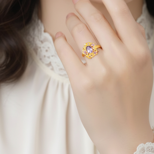 24K Gold Butterfly Dream Enamel Amethyst Topaz Women Ring