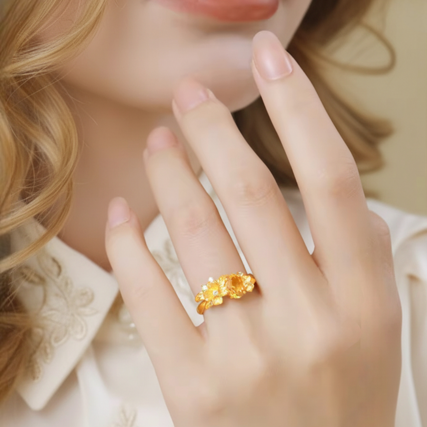 24K 999 Gold Flower Citrine Topaz Women Ring