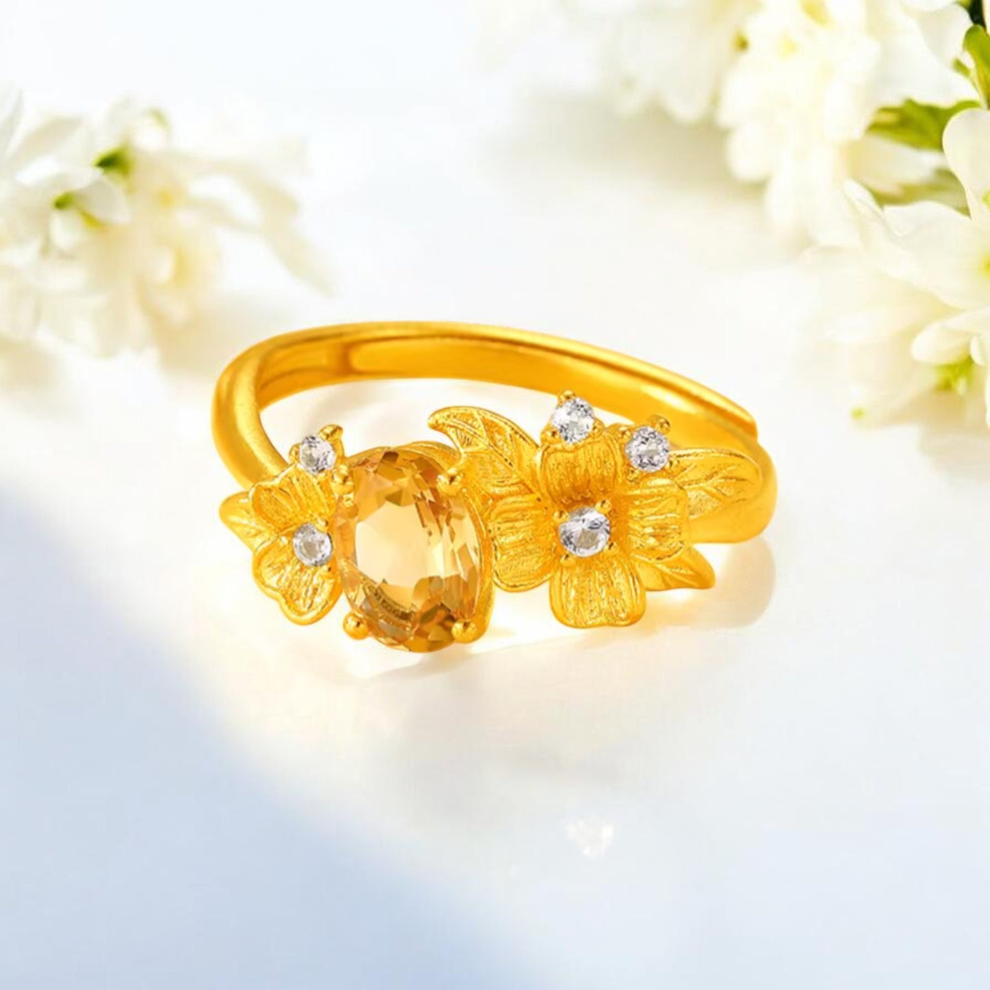 24K 999 Gold Flower Citrine Topaz Women Ring