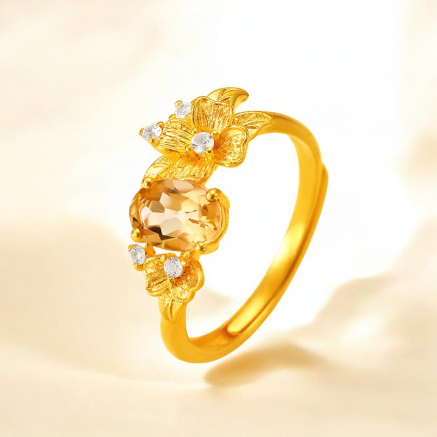 24K 999 Gold Flower Citrine Topaz Women Ring