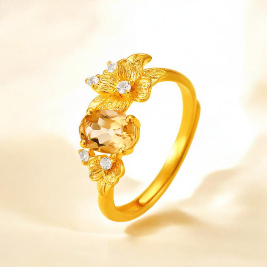 24K 999 Gold Flower Citrine Topaz Women Ring