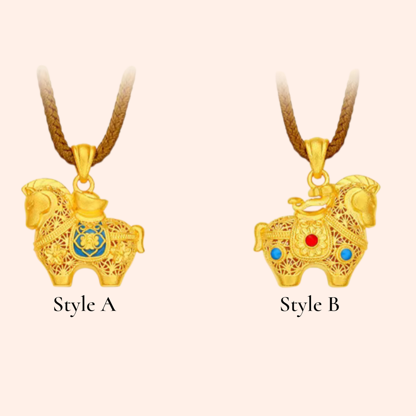 24k 999 Gold Zodiac Enamel Horse with Rope Chain Necklace