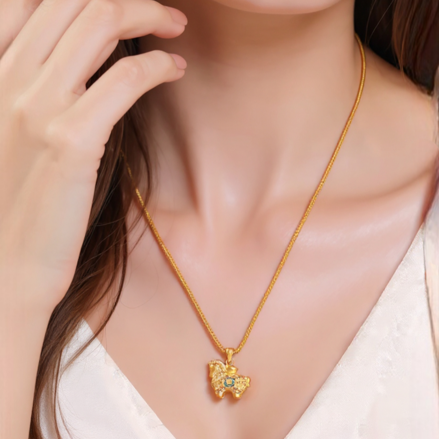 24k 999 Gold Zodiac Enamel Horse with Rope Chain Necklace