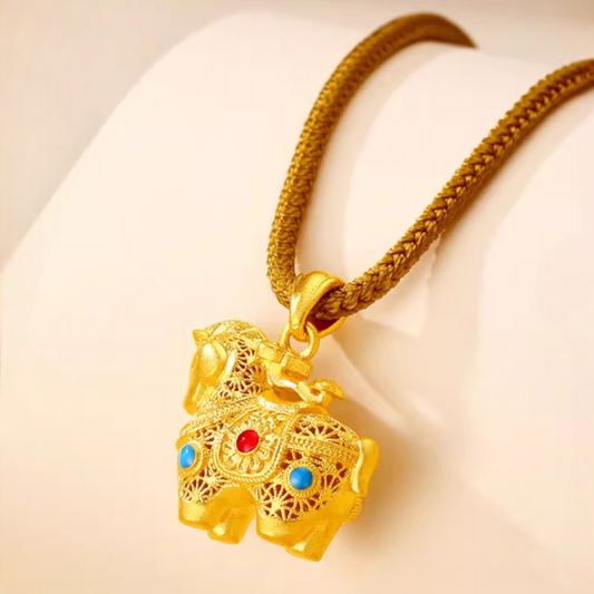 24k 999 Gold Zodiac Enamel Horse with Rope Chain Necklace