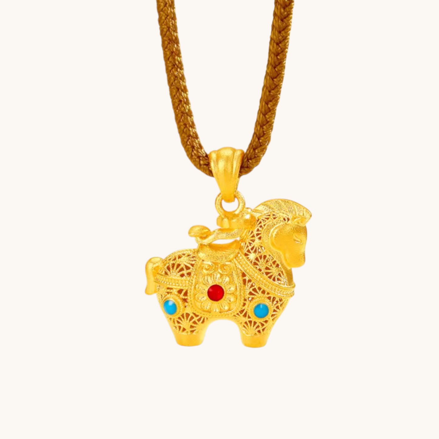 24k 999 Gold Zodiac Enamel Horse with Rope Chain Necklace