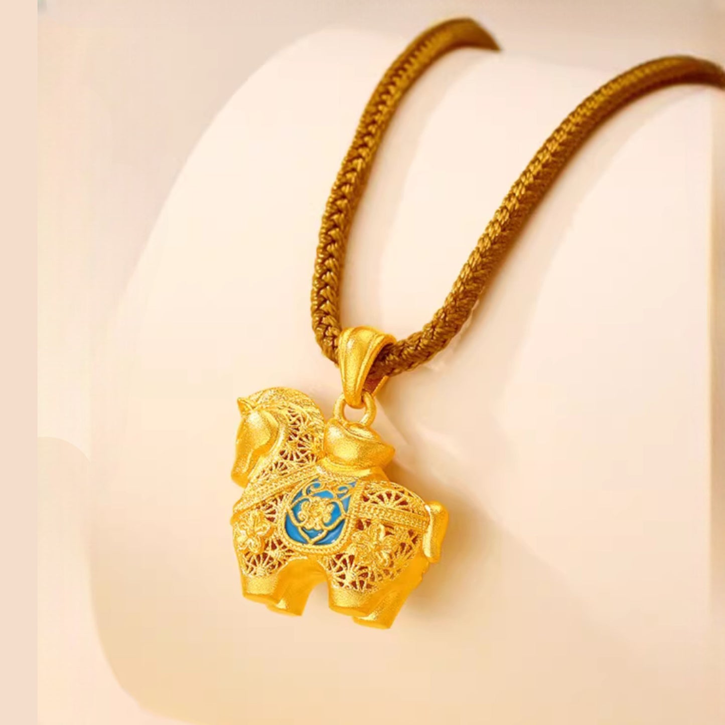 24k 999 Gold Zodiac Enamel Horse with Rope Chain Necklace