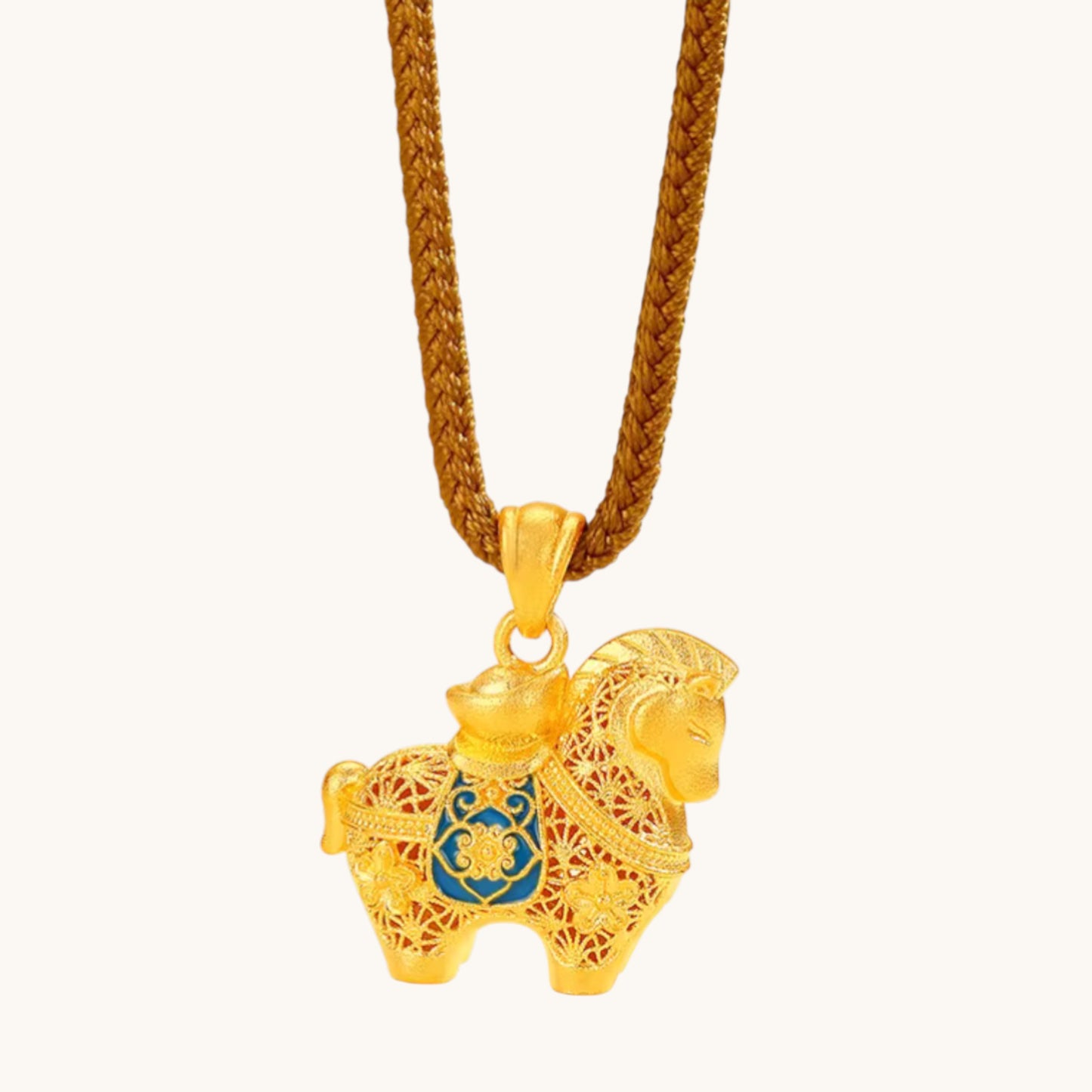 24k 999 Gold Zodiac Enamel Horse with Rope Chain Necklace