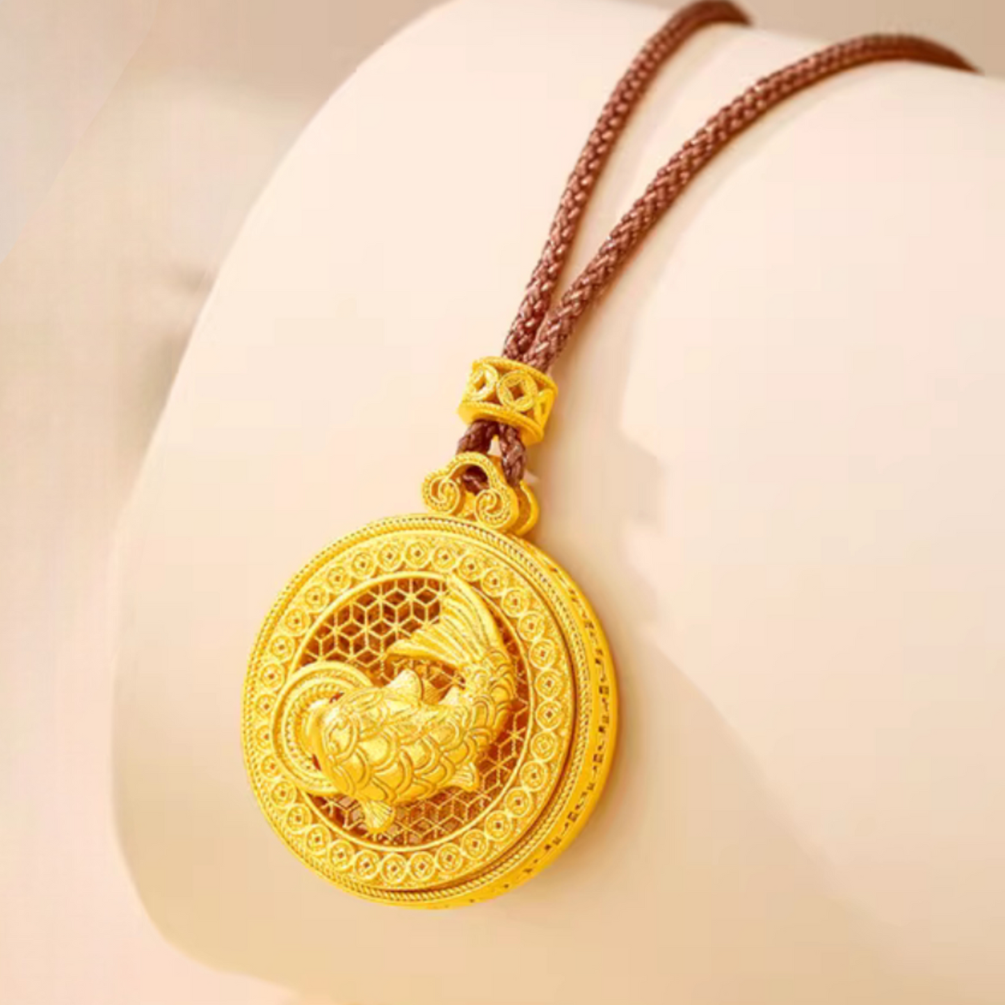 24k 999 Gold Compass Koi Fish Pendant with Rope Chain Necklace