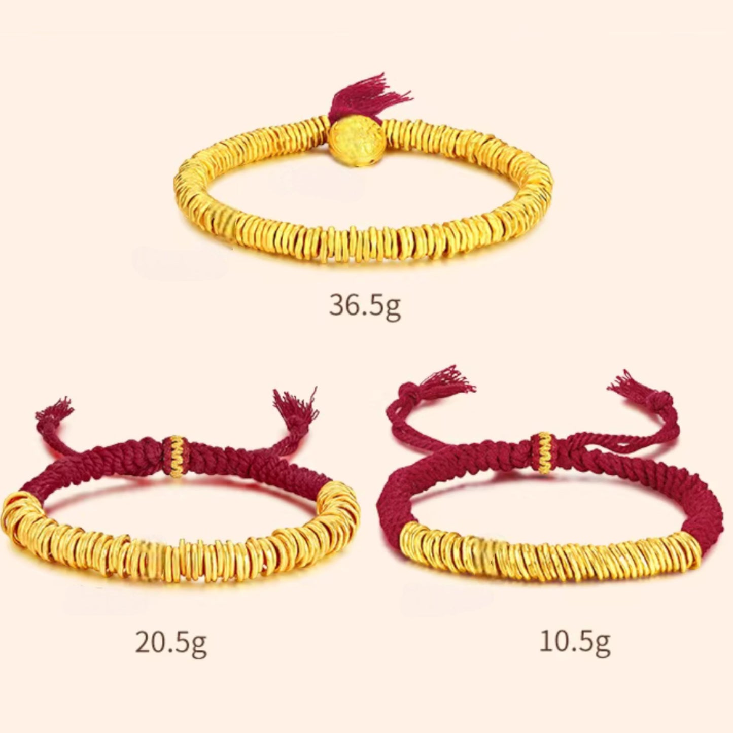 24k Real Gold Lucky Beads Charm Red Adjustable Rope Bracelet