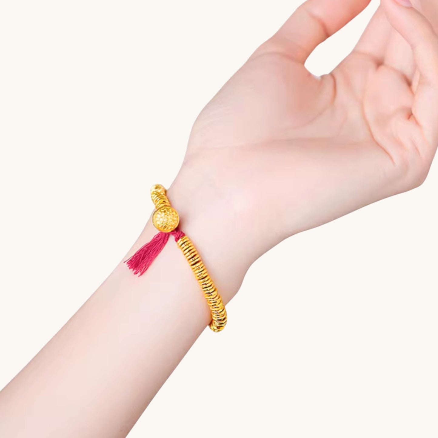 24k Real Gold Lucky Beads Charm Red Adjustable Rope Bracelet
