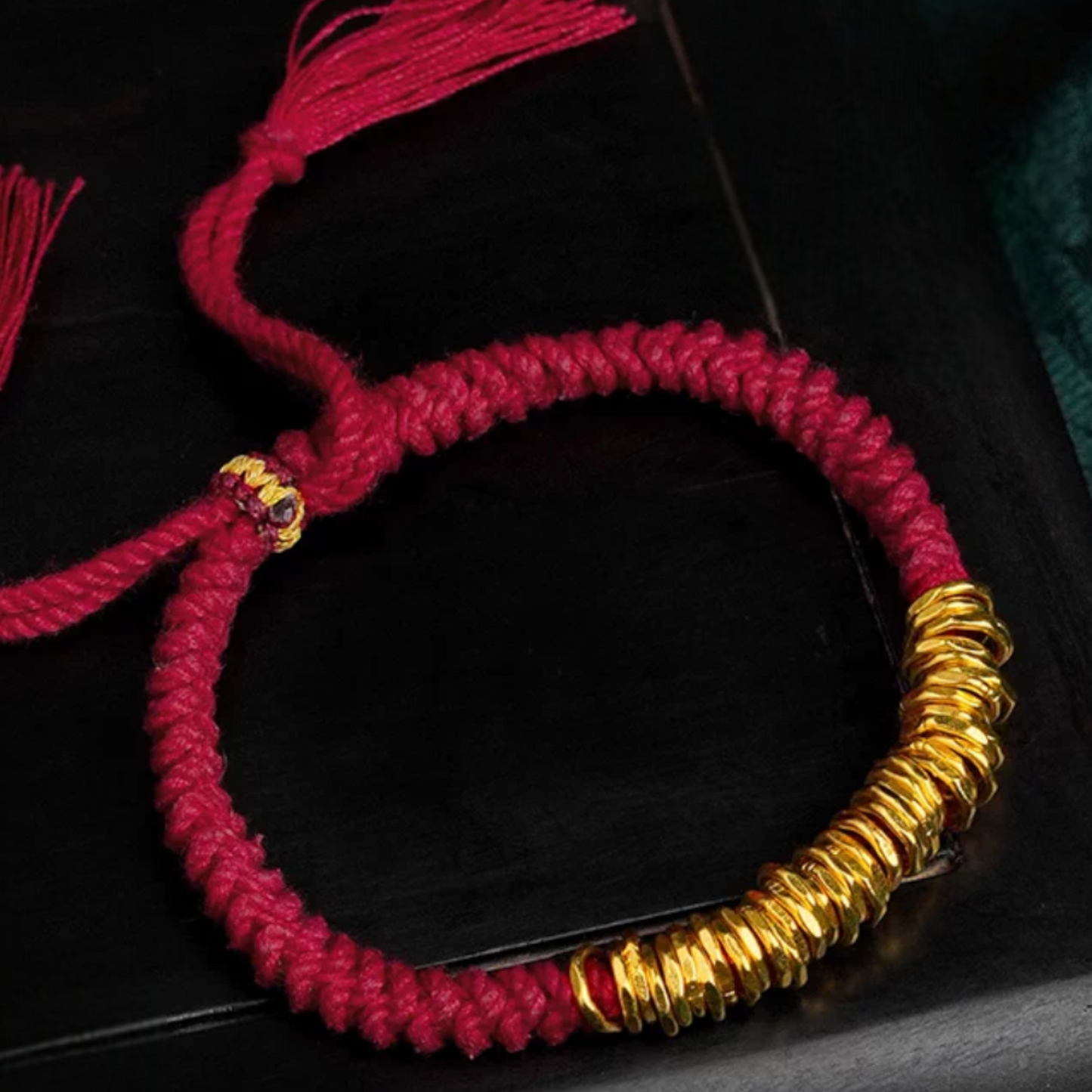 24k Real Gold Lucky Beads Charm Red Adjustable Rope Bracelet