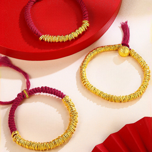 24k Real Gold Lucky Beads Charm Red Adjustable Rope Bracelet