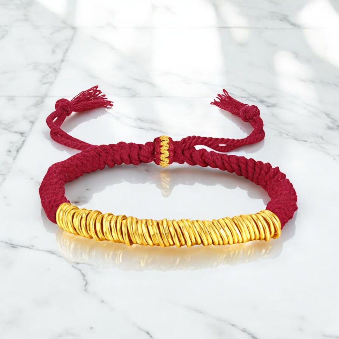 24k Real Gold Lucky Beads Charm Red Adjustable Rope Bracelet