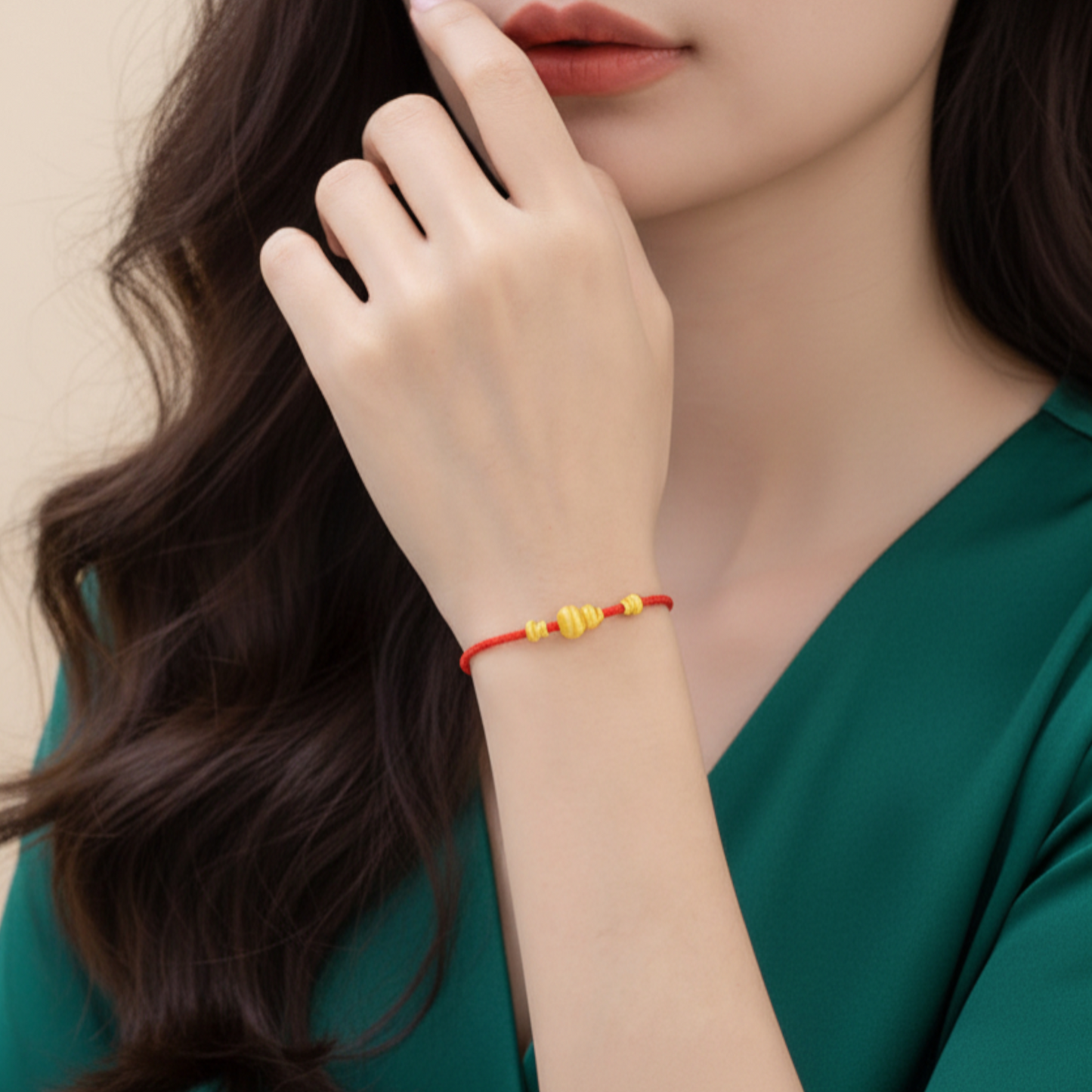 24k Real Gold Lucky Gourd Charm Red Adjustable Rope Bracelet