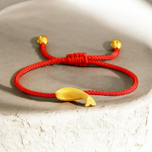 24k Real Gold Lucky Koi Fish Charm Red Adjustable Rope Bracelet