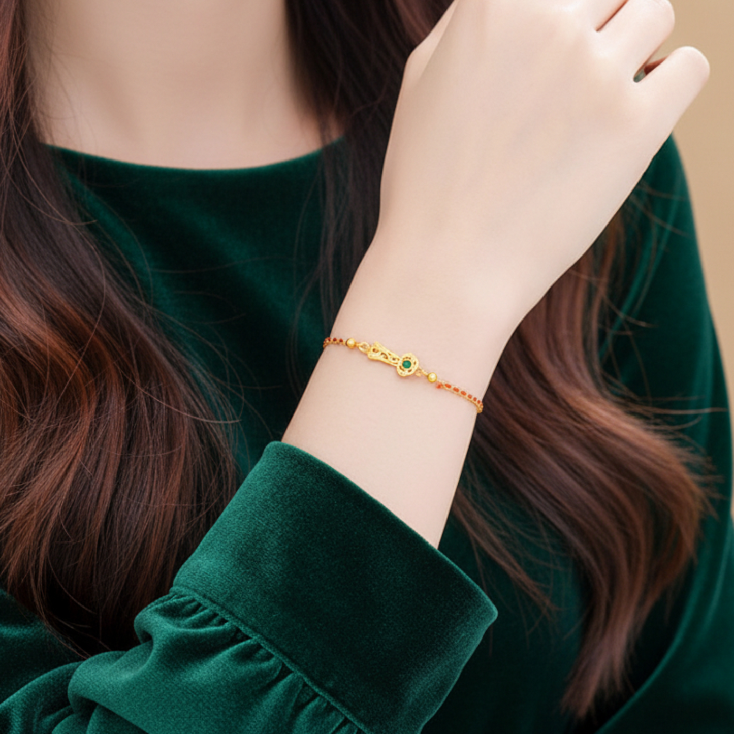 24k Real Gold Lucky Ruyi Charm Jade-inlaid Woven Red Rope Bracelet