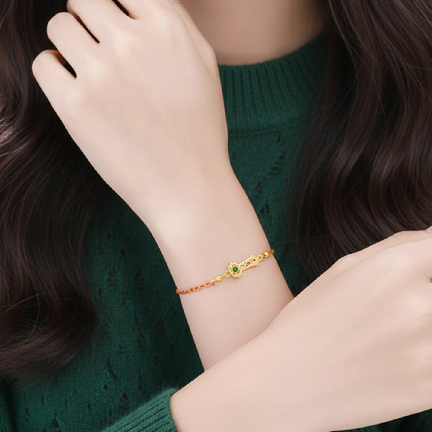 24k Real Gold Lucky Ruyi Charm Jade-inlaid Woven Red Rope Bracelet