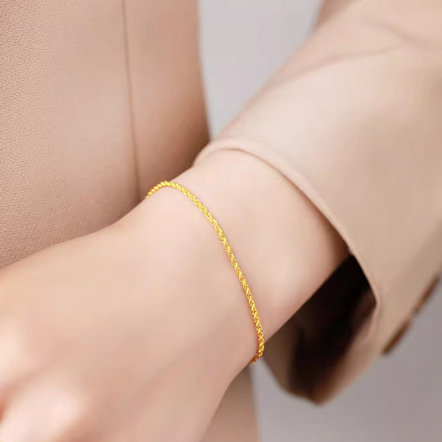 18K Real Gold Minimal Braided Twist Chain Adjustable Bracelet