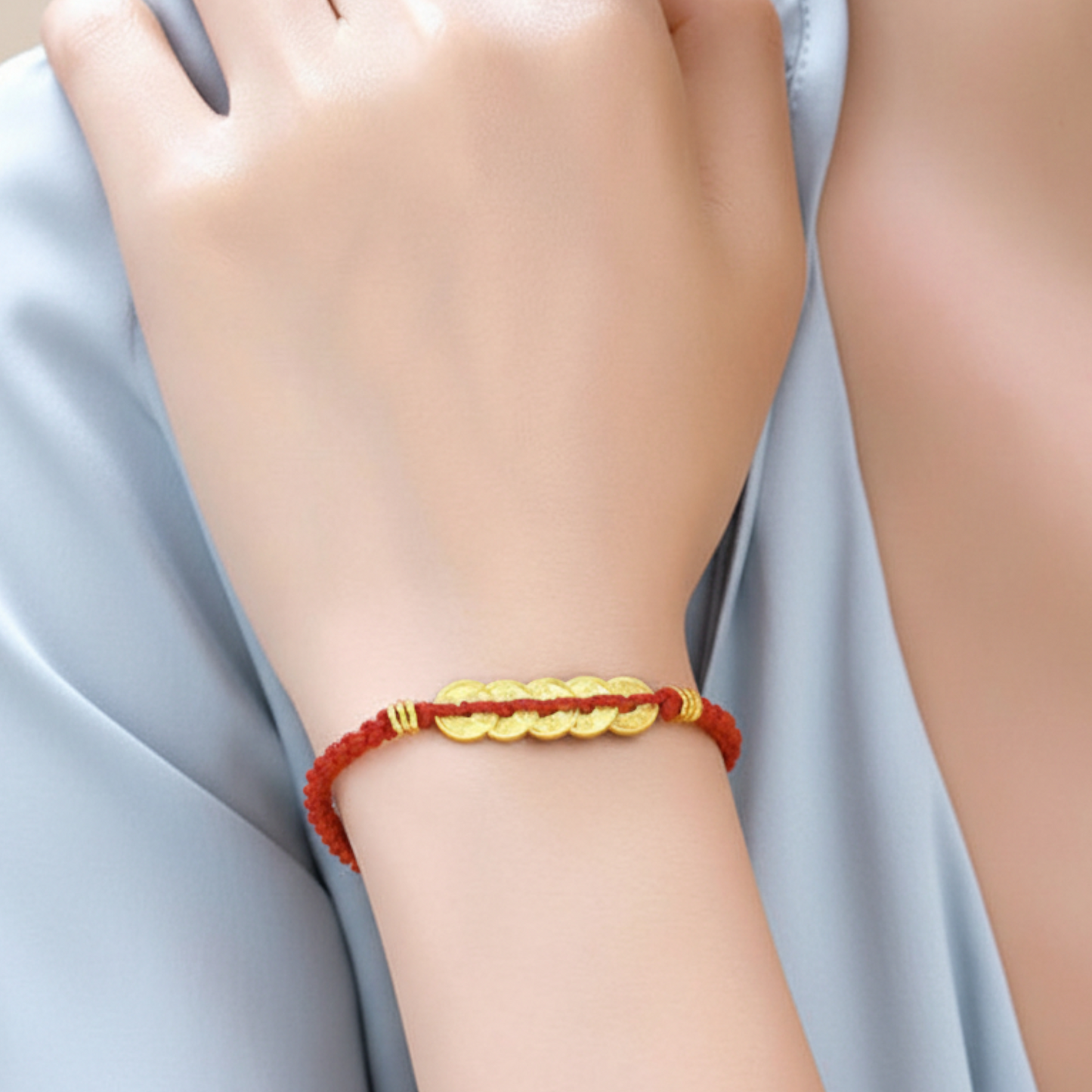 24k 999 Gold Five Emperor Coins Gourd Charm Red Rope Bracelet