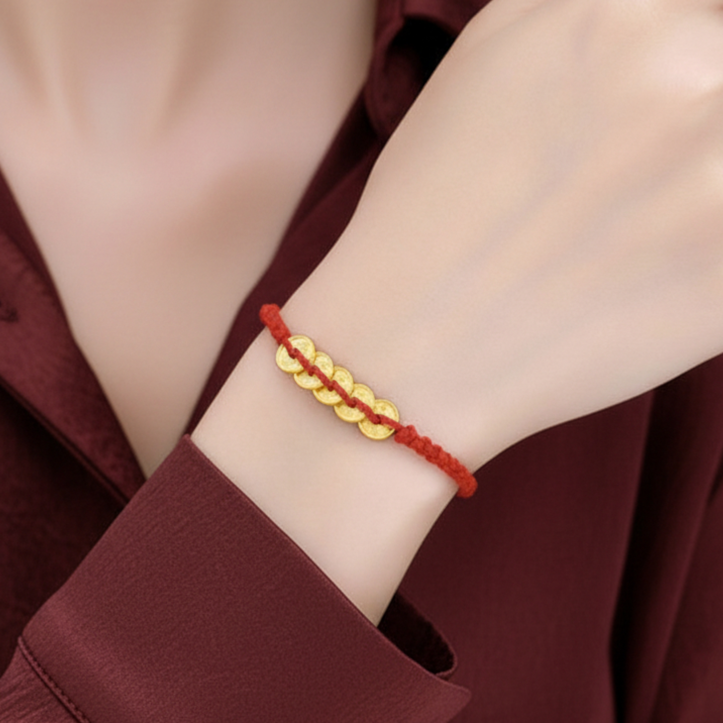 24k 999 Gold Five Emperor Coins Gourd Charm Red Rope Bracelet