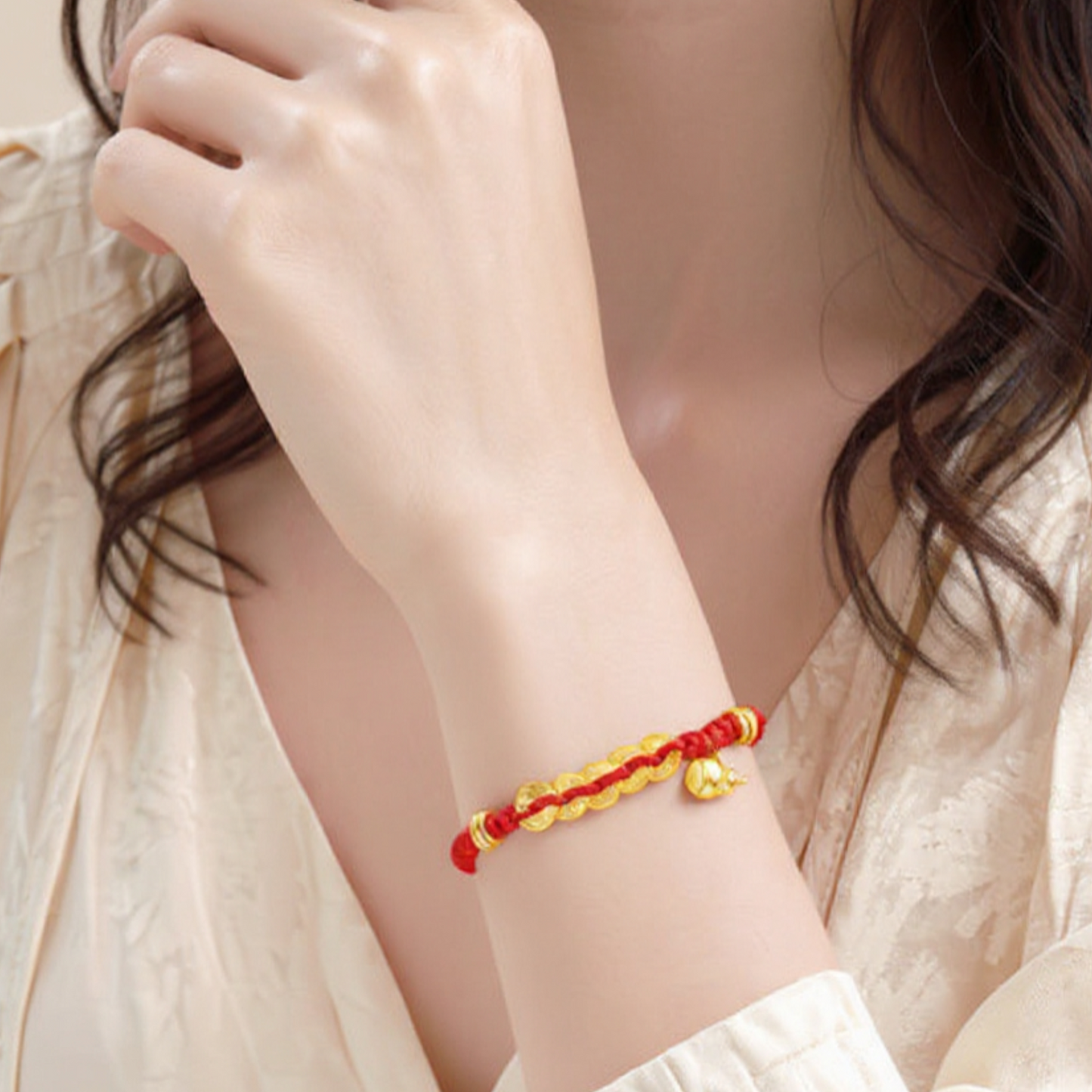 24k 999 Gold Five Emperor Coins Gourd Charm Red Rope Bracelet