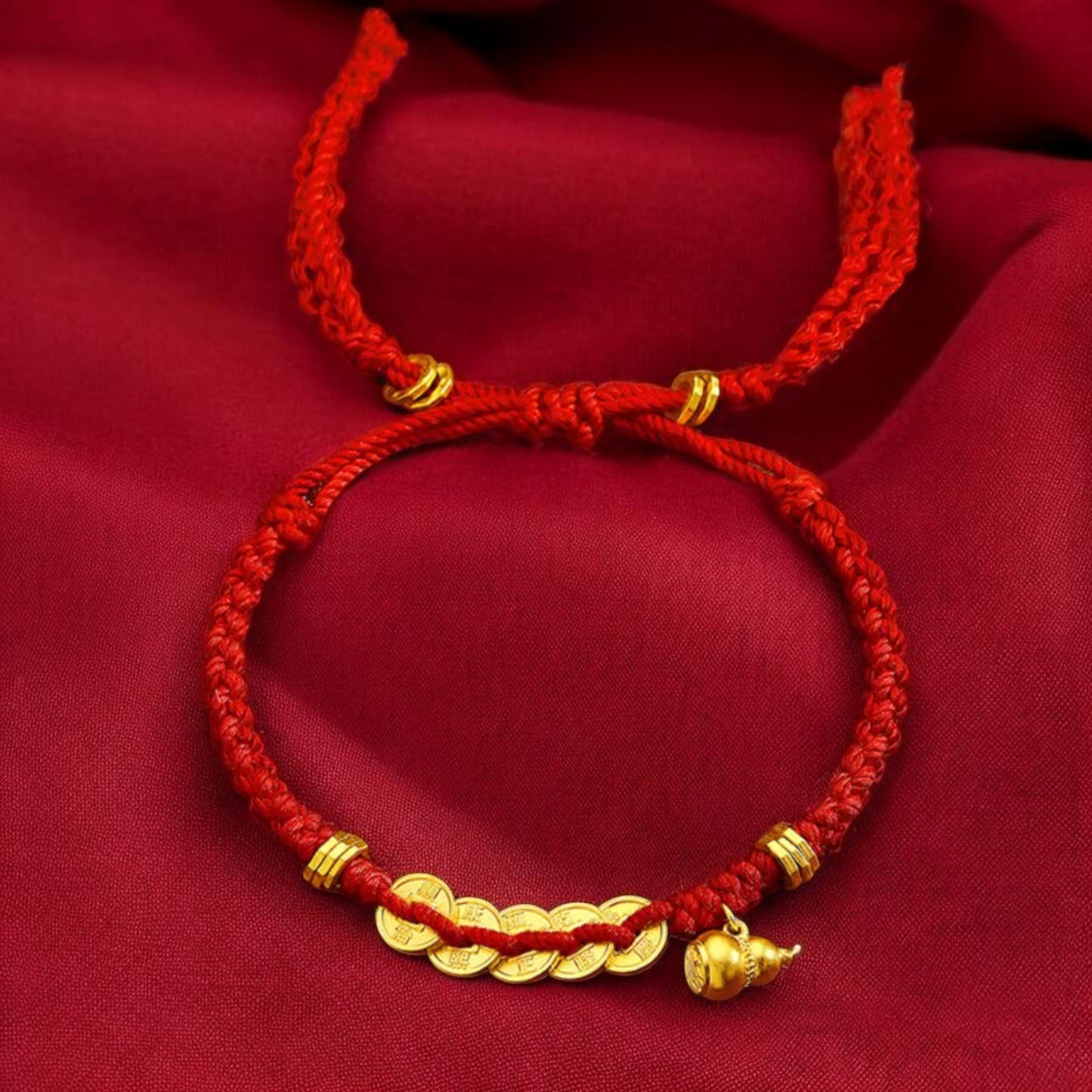 24k 999 Gold Five Emperor Coins Gourd Charm Red Rope Bracelet